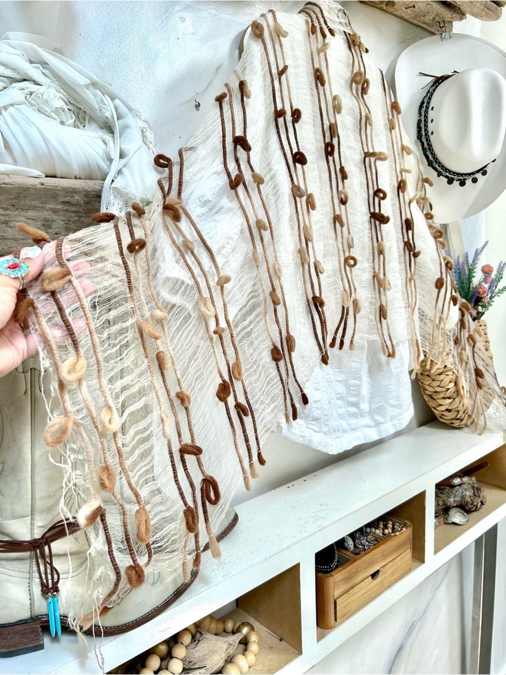 Artisan mega Texture boho scarf/wrap with gauzy fabric/Loop Accents resort vibe
